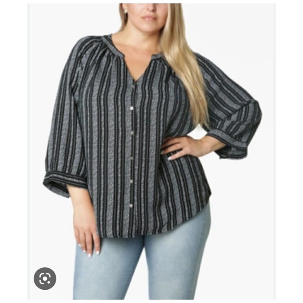 Adrienne Vittadini Button Front Blouse 3/4 Sleeve Shirred Neck Women's Sz 3X